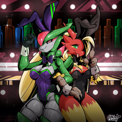 Size: 2500x2500 | Tagged: safe, artist:nilobunny, blaziken, fictional species, iron leaves, robot, anthro, nintendo, pokémon, spoiler:pokémon gen 9, spoiler:pokémon scarlet and violet, 2023, :p, alcohol, black sclera, bow, bow tie, bunny ears, bunny suit, clothes, colored sclera, cuffs (clothes), duo, duo female, female, females only, future pokémon, green eyes, hand on hip, leotard, looking at you, paradox pokémon, red eyes, signature, smiling, smiling at you, starter pokémon, tongue, tongue out, wine, wine bottle