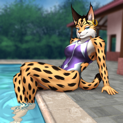 Size: 1920x1920 | Tagged: safe, artist:mykegreywolf, miyu lynx (star fox), feline, lynx, mammal, anthro, nintendo, star fox, 2023, clothes, female, one-piece swimsuit, partially submerged, pool, solo, solo female, swimsuit, tail, thick thighs, thighs, water, wide hips