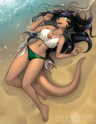 Size: 1009x1300 | Tagged: safe, artist:abluedeer, oc, oc only, mammal, mustelid, otter, anthro, 2023, beach, belly button, bikini, black hair, brown body, brown fur, clothes, digital art, ears, female, fur, green eyes, hair, jewelry, looking at you, necklace, open mouth, outdoors, paws, pinup, sand, solo, solo female, swimsuit, tail, topwear, water