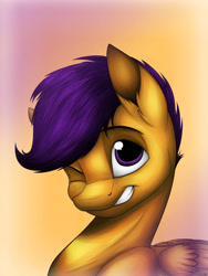 Size: 774x1032 | Tagged: safe, artist:lupiarts, scootaloo (mlp), equine, fictional species, mammal, pegasus, pony, feral, friendship is magic, hasbro, my little pony, 2016, 2d, bust, female, filly, foal, front view, fur, hair, mane, one eye closed, orange body, orange fur, portrait, purple eyes, purple hair, purple mane, solo, solo female, three-quarter view, winking, young