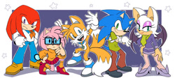 Size: 600x276 | Tagged: safe, artist:domesticmaid, amy rose (sonic), daphne blake (scooby-doo), fred jones (scooby-doo), knuckles the echidna (sonic), miles "tails" prower (sonic), rouge the bat (sonic), scooby-doo (scooby-doo), shaggy norville rogers (scooby-doo), sonic the hedgehog (sonic), velma dinkley (scooby-doo), bat, canine, echidna, fox, hedgehog, mammal, monotreme, hanna-barbera, scooby-doo (franchise), sega, sonic the hedgehog (series), 2023, clothes, cosplay, costume, crossover, crossover cosplay, female, group, looking at you, low res, male