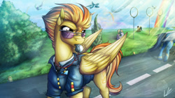 Size: 828x465 | Tagged: safe, artist:lupiarts, spitfire (mlp), equine, fictional species, mammal, pegasus, pony, feral, friendship is magic, hasbro, my little pony, 2017, 2d, bush, female, female focus, glasses, group, lens flare, mare, road, signature, solo focus, sunglasses, ungulate, whistle