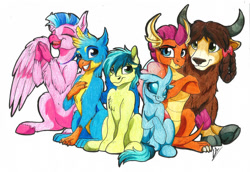 Size: 827x568 | Tagged: safe, artist:lupiarts, gallus (mlp), ocellus (mlp), sandbar (mlp), silverstream (mlp), smolder (mlp), yona (mlp), arthropod, bird, changedling, changeling, dragon, earth pony, equine, feline, fictional species, gryphon, hippogriff, mammal, pony, western dragon, yak, feral, friendship is magic, hasbro, my little pony, 2018, 2d, crossed arms, cute, eyes closed, group, looking at you, open mouth, open smile, signature, simple background, sitting, smiling, smiling at you, student six (mlp), traditional art, white background