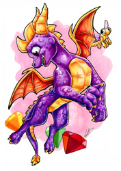 Size: 828x1171 | Tagged: safe, artist:lupiarts, sparx (spyro), spyro the dragon (spyro), arthropod, dragon, dragonfly, fictional species, insect, western dragon, feral, spyro the dragon (series), 2d, duo, duo male, flying, gem, male, males only, open mouth, open smile, signature, smiling, spread wings, traditional art, wings