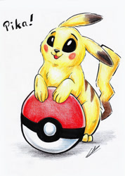 Size: 828x1163 | Tagged: safe, artist:lupiarts, fictional species, mammal, pikachu, feral, nintendo, pokémon, 2d, ambiguous gender, cute, open mouth, open smile, poké ball, signature, simple background, smiling, solo, solo ambiguous, text, traditional art, white background