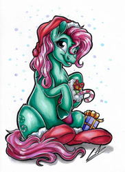 Size: 827x1136 | Tagged: safe, artist:lupiarts, earth pony, equine, fictional species, mammal, pony, feral, hasbro, my little pony, my little pony g3, 2d, candy, candy cane, christmas, clothes, cute, female, food, hat, headwear, holding candy, holding food, holding object, holiday, looking at you, mare, minty (mlp g3), present, santa hat, signature, simple background, smiling, smiling at you, socks, solo, solo female, traditional art, ungulate, white background