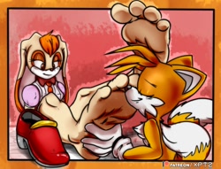 Size: 1280x979 | Tagged: safe, artist:xptzart, miles "tails" prower (sonic), vanilla the rabbit (sonic), canine, fox, lagomorph, mammal, rabbit, red fox, anthro, plantigrade anthro, sega, sonic the hedgehog (series), barefoot, feet, fetish, foot fetish, foot focus, foot worship, multiple tails, shoes removed, soles, tail, toes