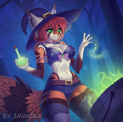 Size: 930x923 | Tagged: suggestive, artist:imanika, oc, oc only, mammal, red panda, anthro, 2023, belly button, bikini, bikini top, black nose, bottomwear, breasts, cauldron, clothes, commission, detailed background, digital art, ears, eyelashes, female, forest, fur, hair, halloween, holiday, legwear, nipple outline, plant, potion, shorts, solo, solo female, stockings, swimsuit, tail, thighs, tree, wide hips, ych result