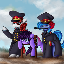 Size: 1024x1024 | Tagged: suggestive, artist:kranonetwork, oc, oc x oc, oc:glory star, oc:purple cap, oc:sickle strike, earth pony, equine, fictional species, mammal, pony, feral, hasbro, my little pony, anarcho-capitalism, bipedal, bondage, bondage furniture, bondage gear, capitalist communist, clothes, communism, dominant, dominant female, female, females only, gulag, high res, holding, humiliation, mouth hold, not starlight glimmer, public, public humiliation, reddened butt, riding crop, shipping, spank mark, spanked, spreader bar, stocks, submissive, submissive female, uniform, whip marks
