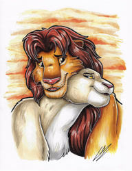 Size: 2550x3320 | Tagged: safe, artist:lupiarts, nala (the lion king), simba (the lion king), big cat, feline, lion, mammal, feral, disney, the lion king, 2022, 2d, cute, duo, duo male and female, eye contact, female, lioness, looking at each other, male, male/female, shipping, signature, simbanala (the lion king), traditional art