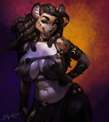 Size: 1500x1685 | Tagged: suggestive, artist:bleatsygoat, fictional species, gnoll, mammal, anthro, dungeons & dragons, 2023, breasts, cleavage, clothes, female, heterochromia, huge breasts, loincloth, nipple outline, solo, solo female, topwear, wide hips