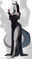Size: 1427x2582 | Tagged: safe, artist:pizhma, canine, mammal, wolf, anthro, 2023, alcohol, anklet, arm under breasts, bare shoulders, bottomwear, bracelet, breasts, cleavage, clothes, dress, drink, gloves, high heels, jewelry, lidded eyes, long gloves, looking at you, male, necklace, shoes, side slit, solo, solo male, total sideslit, wine, wine glass