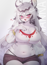 Size: 2500x3400 | Tagged: safe, artist:mbct01, hannah (mahjong soul), big cat, feline, mammal, tiger, anthro, mahjong soul, 2023, adorasexy, ahoge, belly button, big breasts, black shorts, blushing, bottomwear, breasts, breath, cleavage, clothes, colored pupils, cowboy shot, crop top, cute, cyan eyes, fangs, female, fur, gray body, gray fur, hair, heart, high res, kemono, long hair, looking at you, multicolored fur, open mouth, pink eyes, sexy, sharp teeth, shorts, simple background, slightly chubby, solo, solo female, striped fur, teeth, tongue, topwear, two toned body, two toned fur, white background, white body, white fur, white hair, white pupils