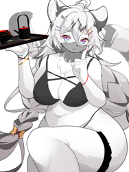 Size: 3000x4000 | Tagged: safe, alternate version, artist:maru mao2, hannah (mahjong soul), big cat, feline, mammal, tiger, anthro, mahjong soul, 2023, ahoge, belly button, big breasts, black bra, blue eyes, braid, breasts, cleavage, closed mouth, clothes, female, fur, gradient eyes, gray hair, hair, hair accessory, hairpin, holding, kemono, long hair, looking at you, mouth veil, multicolored eyes, pink eyes, saucer, simple background, slightly chubby, smiling, smiling at you, solo, solo female, tail, teapot, tray, veil, white background