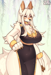Size: 900x1328 | Tagged: safe, artist:blizart, oc, oc only, oc:aki (teranen), canine, mammal, wolf, anthro, 2023, belly button, black nose, bottomwear, breasts, clothes, digital art, dress, ears, eyelashes, eyes closed, female, fur, hair, simple background, solo, solo female, tail, thighs, wide hips