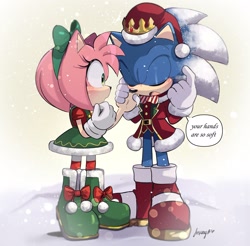 Size: 2048x2017 | Tagged: safe, artist:steffyrose, amy rose (sonic), sonic the hedgehog (sonic), hedgehog, mammal, sega, sonic the hedgehog (series), 2023, christmas, clothes, costume, crown, dress, duo, english text, female, hat, headwear, holiday, jewelry, male, male/female, regalia, santa costume, santa dress, santa hat, shipping, snow, sonamy (sonic), text, winter