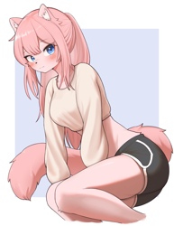 Size: 1381x1786 | Tagged: safe, artist:korfiorano, nameless oc, oc, oc only, cat, feline, mammal, anthro, 2023, black nose, black shorts, blue eyes, blushing, bottomwear, clothes, crop top, female, fur, hair, long hair, looking at you, midriff, pink body, pink hair, shorts, simple background, smiling, smiling at you, solo, solo female, tail, topwear