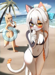 Size: 1800x2440 | Tagged: safe, artist:korfiorano, nameless oc, oc, oc only, calico, canine, cat, feline, fox, mammal, anthro, 2023, absurd resolution, beach, big breasts, bikini, black body, black fur, blonde hair, blurred background, blushing, breasts, clothes, detailed background, duo, duo female, eating, female, females only, food, fur, hair, hair accessory, high res, ice cream, ice cream cone, looking at you, multicolored body, multicolored fur, multicolored hair, multiple tails, ocean, orange body, orange fur, popsicle, sideboob, sky, swimsuit, tail, tongue, tongue out, two toned hair, water, white body, white fur, white hair, yellow body, yellow fur