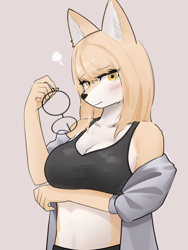 Size: 1536x2048 | Tagged: safe, artist:korfiorano, nameless oc, oc, oc only, canine, fox, mammal, anthro, 2023, big breasts, black nose, black shorts, blushing, bottomwear, breasts, clothes, crop top, embarrassed, female, fur, glasses, glasses off, hair, long hair, looking at you, midriff, multicolored fur, round glasses, shorts, simple background, solo, solo female, sweat, tail, topwear, two toned body, two toned fur, white background, white body, white fur, yellow body, yellow eyes, yellow fur
