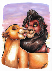 Size: 828x1124 | Tagged: safe, artist:lupiarts, kiara (the lion king), kovu (the lion king), big cat, feline, lion, mammal, feral, disney, the lion king, 2022, 2d, border, cute, duo, duo male and female, eyes closed, female, licking, lioness, male, male/female, shipping, signature, tongue, tongue out, traditional art, white border