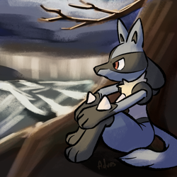 Size: 1024x1024 | Tagged: safe, artist:advosart, fictional species, lucario, mammal, anthro, digitigrade anthro, nintendo, pokémon, 2023, ambiguous gender, black nose, detailed background, digital art, ears, fur, hair, sitting, solo, solo ambiguous, tail, thighs
