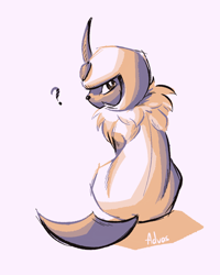 Size: 1024x1280 | Tagged: safe, artist:advosart, absol, fictional species, mammal, feral, nintendo, pokémon, 2023, ambiguous gender, black nose, digital art, ears, fluff, fur, hair, horn, looking at you, looking back, looking back at you, neck fluff, simple background, sitting, solo, solo ambiguous, tail, thighs, white background