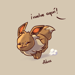 Size: 1024x1024 | Tagged: safe, artist:advosart, eevee, eeveelution, fictional species, mammal, feral, nintendo, pokémon, 2023, ambiguous gender, black nose, digital art, ears, fluff, fur, neck fluff, running, sharp teeth, simple background, solo, solo ambiguous, tail, teeth, thighs