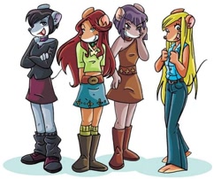 Size: 724x586 | Tagged: safe, official art, mammal, mouse, rodent, anthro, geronimo stilton (series), alicia (geronimo stilton), belt, black hair, boots, bottomwear, brown body, brown fur, brown hair, clothes, connie (geronimo stilton), crop top, cropped shirt, digital art, dress, female, females only, fur, gray body, gray fur, group, hair, looking at you, midriff peek, open mouth, pants, purple hair, quartet, ruby crew, ruby flashyfur (geronimo stilton), shirt, shoes, simple background, skirt, socks, standing, tan body, tan fur, topwear, white background, yellow hair, zoe (geronimo stilton)