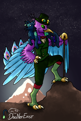 Size: 2000x3000 | Tagged: safe, artist:doesnotexist, artist:gyrotech, oc, oc:gyro feather, oc:gyro feather (bird), oc:k'aazast (gyro), bird, fictional species, galliform, peafowl, anthro, feral, beak, bird feet, bird hands, claws, duo, fallen london, feathered wings, feathers, fins, lampcat, lure (anatomy), male, outfit, paws, quadraped, spots, tail, wings