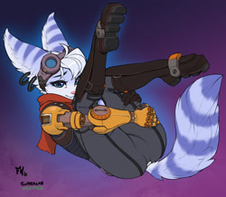 Size: 1429x1244 | Tagged: safe, artist:fluff-kevlar, rivet (r&c), fictional species, lombax, mammal, anthro, ratchet & clank, 2021, blue eyes, boots, clothes, cybernetic arm, ear piercing, earring, eyebrows, eyelashes, female, fluff, fur, goggles, goggles on head, head fluff, piercing, ringtail, scarf, shoes, solo, solo female, stripes, tail