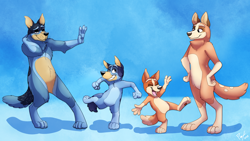 Size: 2560x1440 | Tagged: safe, artist:phoenix-of-starlight, bandit heeler (bluey), bingo heeler (bluey), bluey heeler (bluey), chilli heeler (bluey), australian cattle dog, canine, dog, mammal, anthro, digitigrade anthro, bluey (series), 2023, 2d, anthrofied, cute, dancing, daughter, eyes closed, family, father, father and child, father and daughter, female, group, hand on hip, husband, husband and wife, male, mature, mature female, mature male, mother, mother and daughter, mother and father, open mouth, open smile, parents, puppy, scene interpretation, siblings, sister, sisters, smiling, wife, young