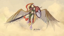 Size: 2048x1152 | Tagged: safe, artist:lluisabadias, aarakocra, bird, fictional species, pidgeot, anthro, dungeons & dragons, nintendo, pokémon, beak, clothes, feathered wings, feathers, flying, loincloth, male, polearm, shield, solo, solo male, weapon, wings