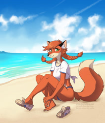 Size: 933x1100 | Tagged: safe, artist:rotarr, oc, oc:patty (fox-popvli), canine, fox, mammal, anthro, barefoot, beach, big breasts, big butt, breasts, butt, claws, clothes, cloud, crop top, feet, female, green eyes, hair, looking at you, ocean, pigtails, sand, shoes, sitting, sky, smiling, smiling at you, solo, solo female, thick thighs, thighs, toe claws, toes, topwear, vixen, water, wide hips