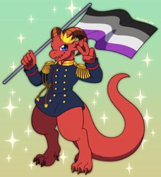 Size: 2076x2275 | Tagged: safe, artist:misoslug, fictional species, kobold, reptile, anthro, 2023, 2d, asexual pride flag, blue eyes, bottomless, clothes, cute, flag, gradient background, horns, male, nudity, partial nudity, pride flag, signature, slit pupils, solo, solo male, sparkles, tail, topwear, wide hips