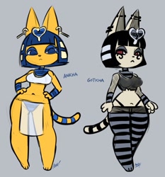 Size: 709x762 | Tagged: safe, artist:awdtwit, ankha (animal crossing), cat, feline, mammal, anthro, animal crossing, nintendo, 2023, belly button, breasts, clothes, crop top, egyptian, female, goth, highleg panties, legwear, loincloth, midriff, panties, striped clothes, striped legwear, thick thighs, thighs, topwear, underwear, wide hips