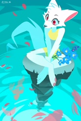 Size: 2200x3300 | Tagged: safe, artist:hydrabbb, canine, fox, mammal, anthro, crossed legs, female, flower, lineless, partially submerged, plant, solo, solo female, water
