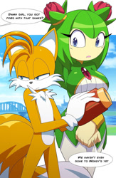Size: 1024x1574 | Tagged: safe, artist:kojiro-brushard, cosmo (sonic), miles "tails" prower (sonic), alien, canine, elemental creature, fictional species, fox, mammal, seedrian (sonic), anthro, humanoid, sega, sonic the hedgehog (series), sonic x, arm cannon, big breasts, breasts, commission, duo, female, male, offscreen character, talking