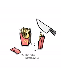 Size: 1546x1798 | Tagged: safe, artist:tunaplus_c, part of a set, mcdonald's, cake, english text, everything is cake, food, french fries, ketchup, knife, meme, simple background, text, white background, zero pictured