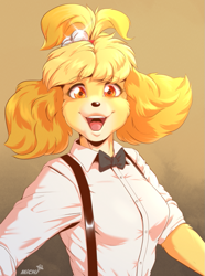 Size: 715x960 | Tagged: safe, artist:galacticmichi, isabelle (animal crossing), canine, dog, mammal, shih tzu, anthro, animal crossing, nintendo, 2023, bow, bow tie, breasts, clothes, cosplay, crossover, cute, cute little fangs, fangs, female, looking at you, mariya takeuchi, plastic love, reference, smiling, solo, solo female, suspenders, teeth