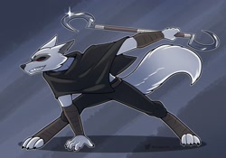 Size: 2700x1890 | Tagged: safe, artist:ambris, death (puss in boots), canine, mammal, wolf, anthro, dreamworks animation, puss in boots (movie), shrek, cloak, male, sickle, solo, solo male, staff, tail