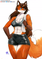 Size: 2464x3475 | Tagged: safe, artist:murazaki9, canine, fox, mammal, anthro, abs, bottomwear, cleavage fluff, clothes, female, fluff, muscles, muscular female, shorts, solo, solo female, sports bra, sports shorts, tail, thick thighs, thighs, topwear, wide hips