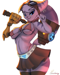 Size: 960x1200 | Tagged: safe, artist:paradoxing5, rivet (r&c), fictional species, lombax, mammal, anthro, ratchet & clank, 2023, absolute cleavage, bedroom eyes, belly button, bikini, blue eyes, bottomwear, breasts, cleavage, clothes, digital art, ear piercing, ears, eyelashes, female, fur, goggles, goggles on head, hair, looking at you, mallet, piercing, pink nose, prosthetic arm, prosthetics, shorts, simple background, skirt, solo, solo female, swimsuit, tail, thighs, white background, wide hips