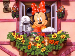 Size: 1920x1440 | Tagged: safe, official art, chip (disney), dale (disney), minnie mouse (disney), chipmunk, mammal, mouse, rodent, anthro, semi-anthro, disney, mickey and friends, brown body, brown fur, cottagecore, female, flower, fur, group, male, plant, trio, wallpaper