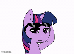 Size: 600x437 | Tagged: safe, artist:zeffdakilla, part of a set, twilight sparkle (mlp), equine, fictional species, mammal, pony, unicorn, feral, friendship is magic, hasbro, my little pony, 2022, 2d, 2d animation, animated, dialogue, english text, female, front view, fur, gif, glasses, looking at you, mare, multicolored mane, purple body, purple eyes, purple fur, solo, solo female, sunglasses, swag, talking, talking to viewer, text, three-quarter view, ungulate