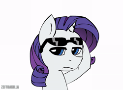 Size: 600x437 | Tagged: safe, artist:zeffdakilla, part of a set, rarity (mlp), equine, fictional species, mammal, pony, unicorn, feral, friendship is magic, hasbro, my little pony, 2022, 2d, 2d animation, animated, blue eyes, dialogue, english text, female, front view, fur, gif, glasses, hair, looking at you, mane, mare, purple hair, purple mane, solo, solo female, sunglasses, talking, talking to viewer, text, three-quarter view, white body, white fur