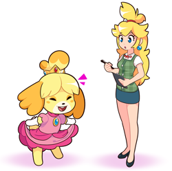 Size: 4849x4820 | Tagged: safe, artist:starbirbz, artist:starman jr., isabelle (animal crossing), princess peach (mario), canine, dog, human, mammal, shih tzu, anthro, animal crossing, mario (series), nintendo, absurd resolution, barefoot, blonde hair, blue eyes, blushing, bottomwear, clipboard, clothes, clothes swap, cosplay, crossover, crown, cute, digital art, dress, duo, duo female, ear piercing, earring, eyelashes, female, females only, gloves, hair, headwear, holding, holding object, jewelry, looking at each other, open mouth, outfit swap, pencil, piercing, pink clothing, regalia, simple background, skirt, skirt lift, smiling, topwear, vest, white shirt, yellow body