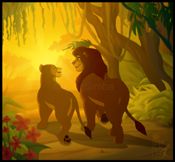 Size: 2032x1880 | Tagged: safe, artist:kingsimba, nala (the lion king), simba (the lion king), big cat, feline, lion, mammal, feral, disney, the lion king, duo, female, flower, letterboxing, lioness, looking at each other, male, paw pads, paws, plant, walking