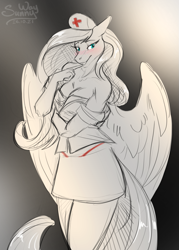 Size: 861x1200 | Tagged: suggestive, artist:sunny way, fluttershy (mlp), equine, fictional species, horse, mammal, pegasus, pony, anthro, friendship is magic, hasbro, my little pony, 2023, anthrofied, artwork, blushing, breasts, cleavage, clothes, costume, digital art, eyelashes, feathered wings, feathers, female, green eyes, hat, headwear, mare, nurse, nurse costume, nurse hat, panties, patreon reward, pretty, shy, sketch, solo, solo female, thong, wings