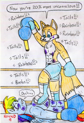 Size: 739x1082 | Tagged: suggestive, artist:jose-ramiro, miles "tails" prower (sonic), rainbow dash (mlp), canine, equine, fictional species, fox, mammal, pegasus, pony, red fox, anthro, friendship is magic, hasbro, my little pony, sega, sonic the hedgehog (series), boxing, boxing gloves, clothes, crossover, duo, female, gloves, male, mixed boxing, semi-grimdark, sports, stripping, traditional art