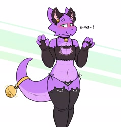 Size: 2404x2520 | Tagged: safe, artist:nicopossum, fictional species, kobold, reptile, anthro, bell, blushing, boob window, bra, breasts, cat keyhole bra set, clothes, female, lingerie, panties, solo, solo female, tail, thick thighs, thighs, underwear, wide hips